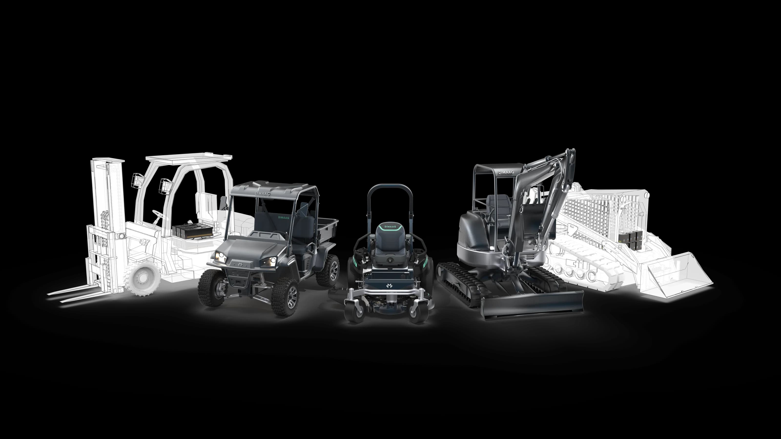 Five DIMAAG machines: a utility vehicle, a zero-turn mower and a compact excavator, with a forklift and a tracked dozer drawn as outlines.